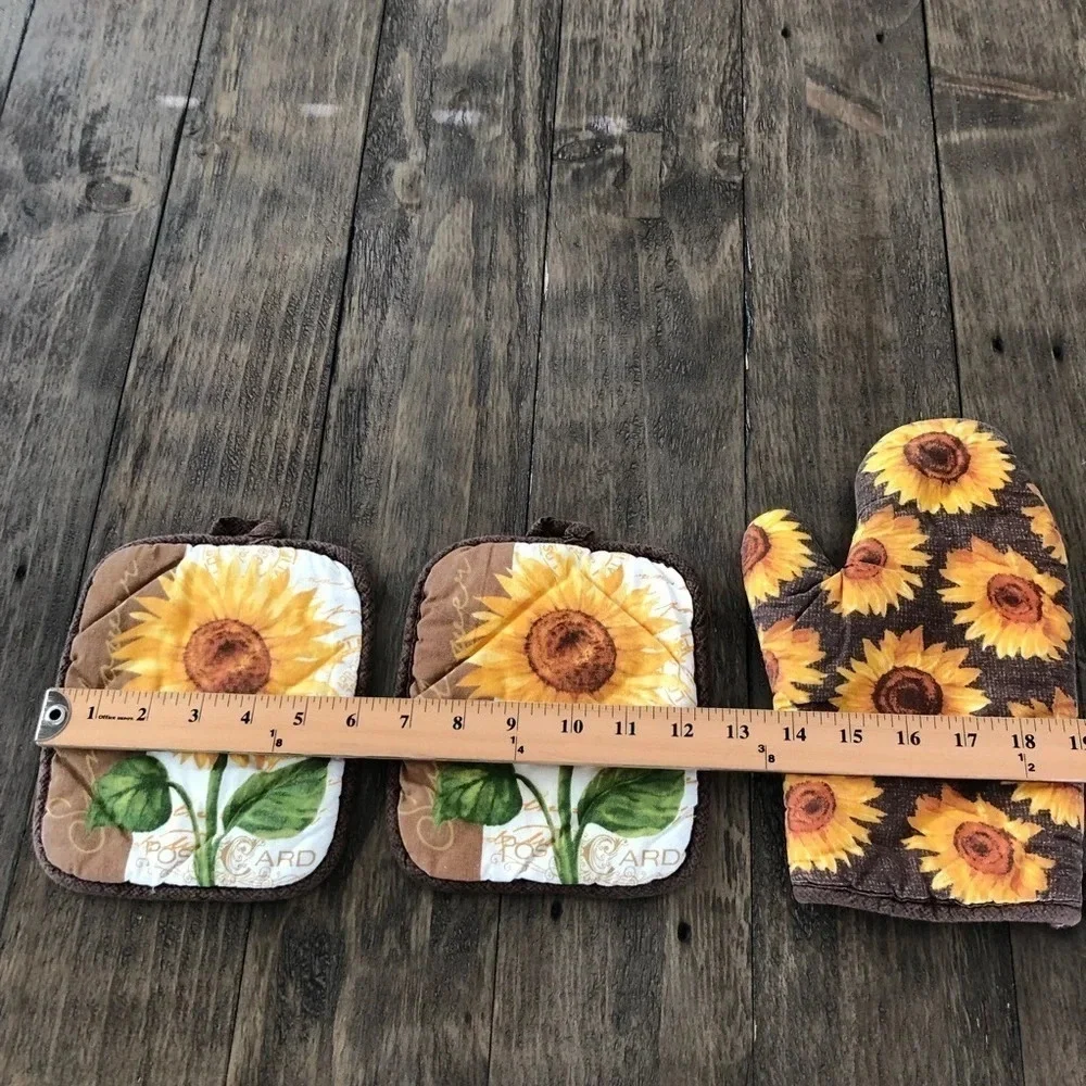 Vintage 3‎ Piece Set Brown Sunflower Potholder Oven Mitt Kitchen Decor Quilted